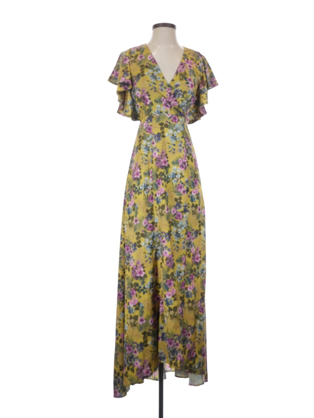 Hutch x Anthropologie Floral V-Neck Maxi Dress - Yellow with Purple Floral Print